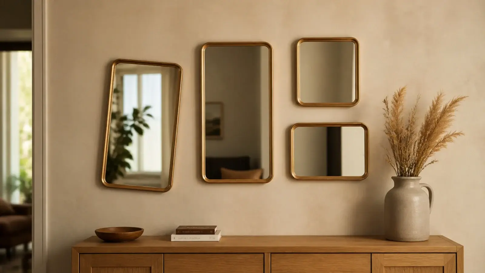 mirror wall showing common mistakes being corrected above a warm console