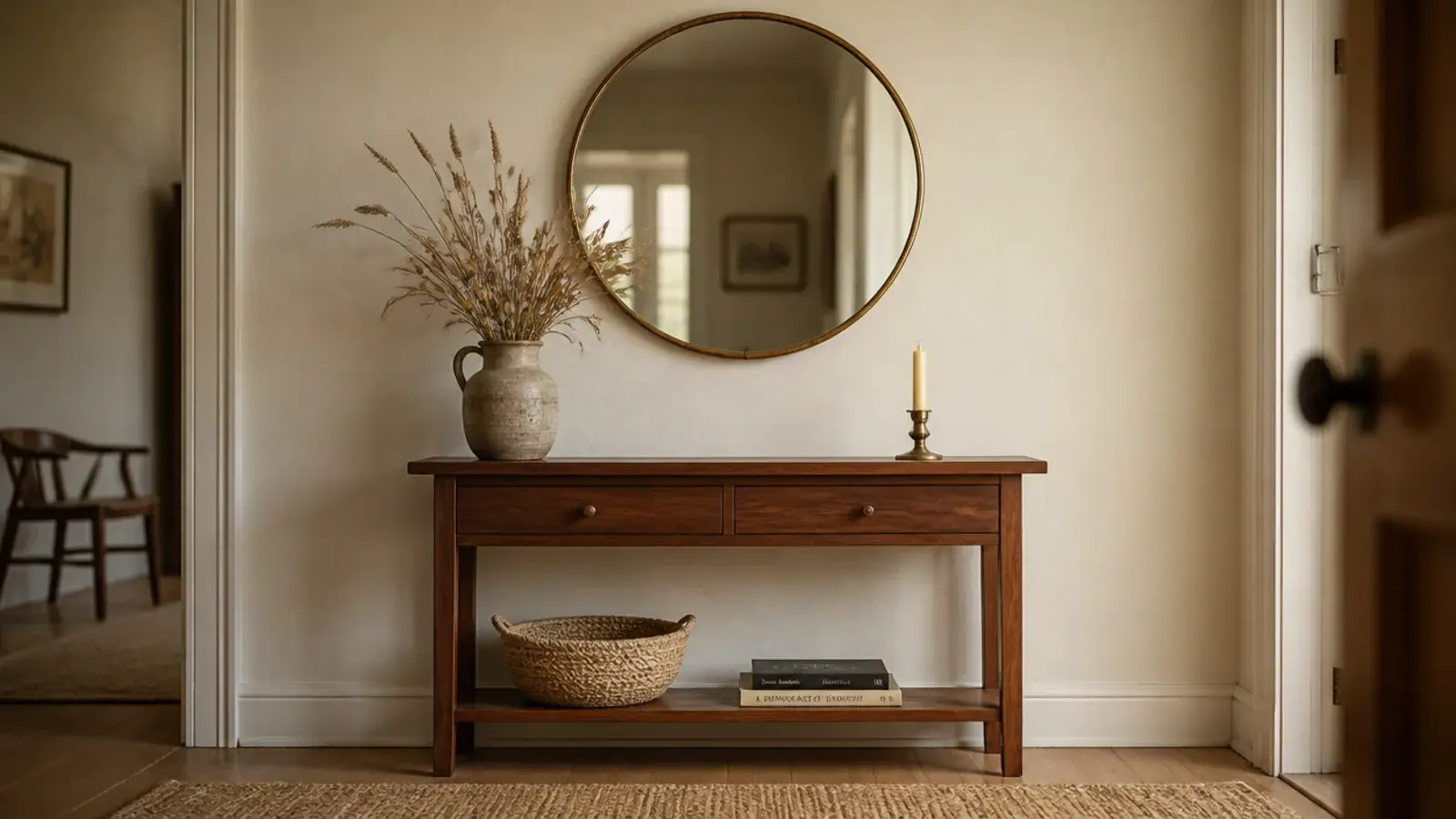 oversized round wall mirror in aged brass above a walnut console table