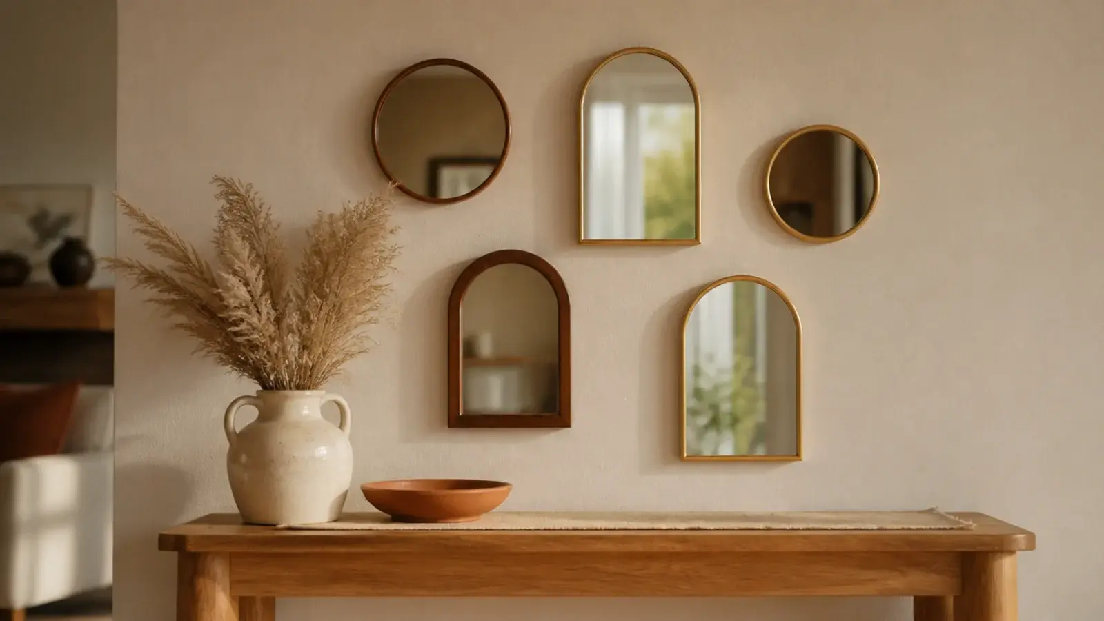 cluster of small mirrors arranged as wall decor above a narrow oak console