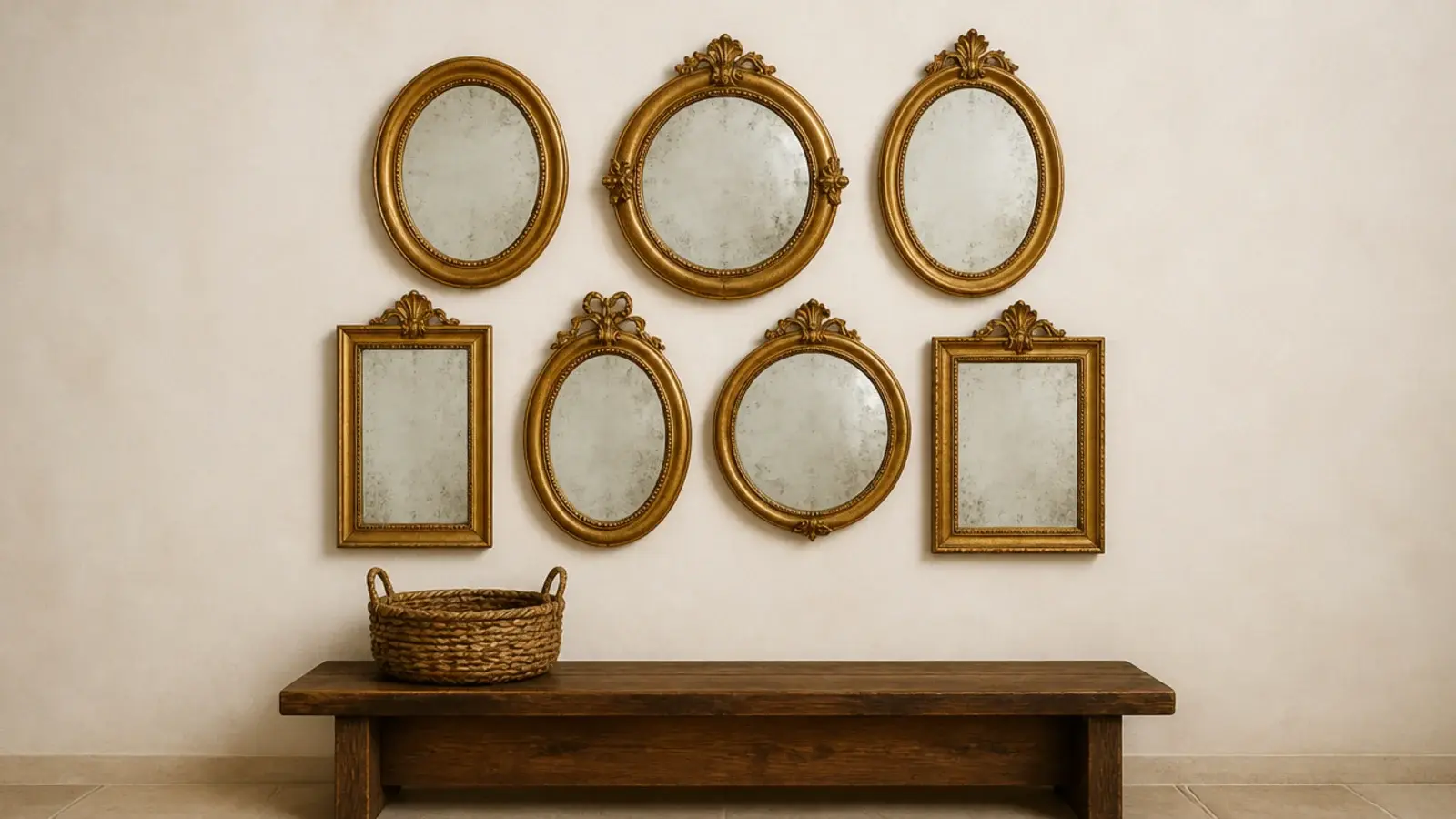 cluster of seven small gilt mirrors grouped tightly on a cream wall