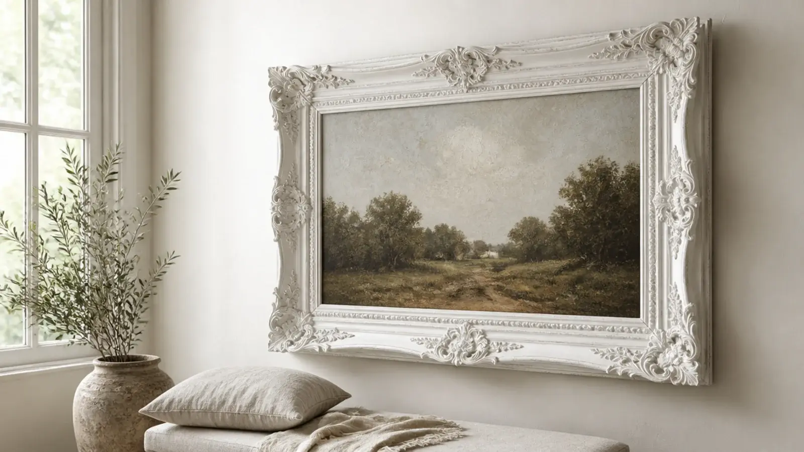 ornate antique mirror frame repainted flat chalky white on plaster wall