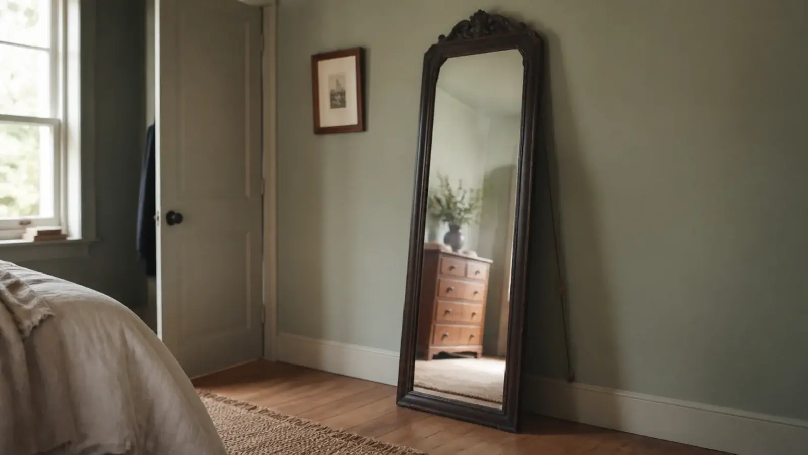 tall antique full length mirror leaning against a bedroom wall with strap