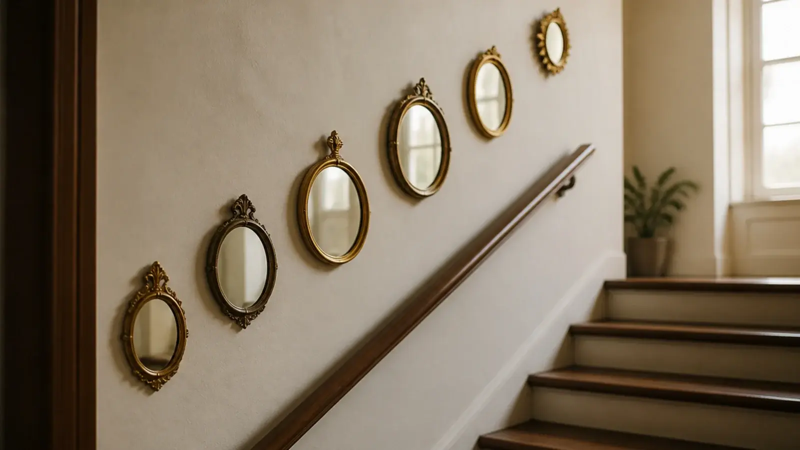 small oval vintage mirrors climbing a staircase wall in a stepped line