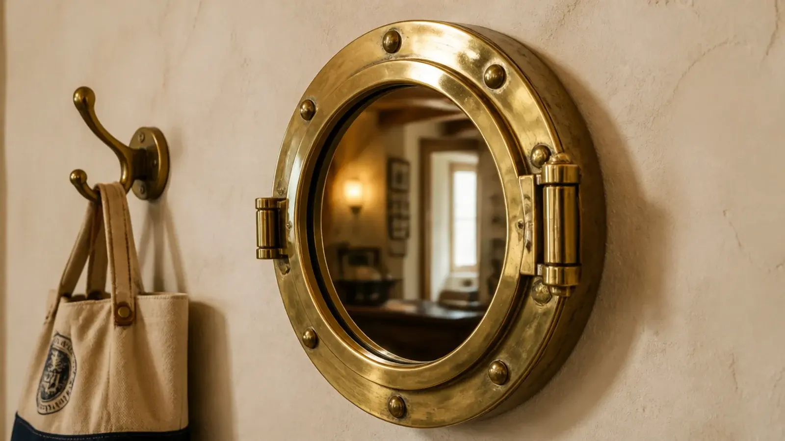 heavy brass porthole mirror with rivets mounted on a plaster wall