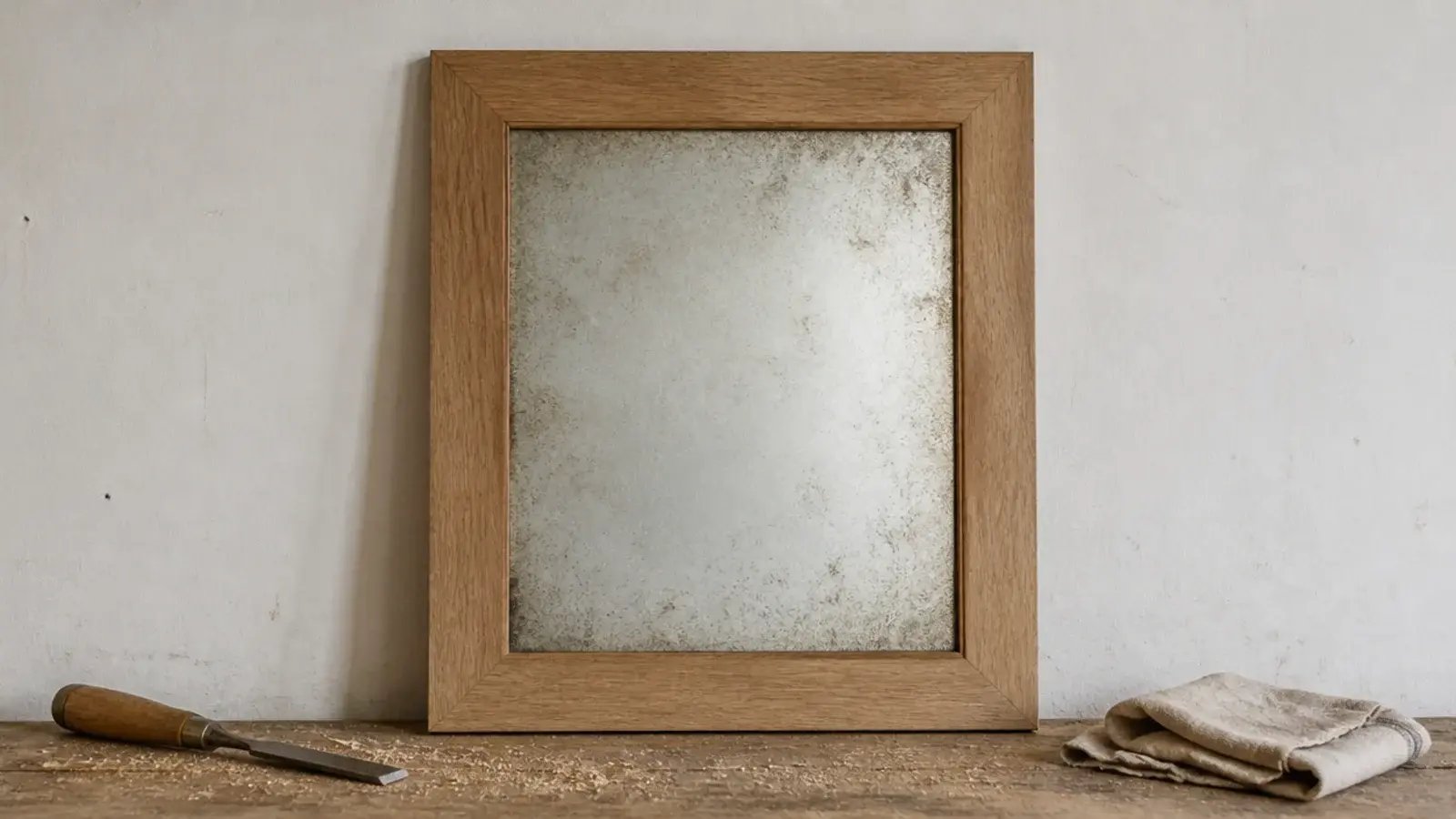 aged foxed mirror glass reframed inside a simple flat oak surround
