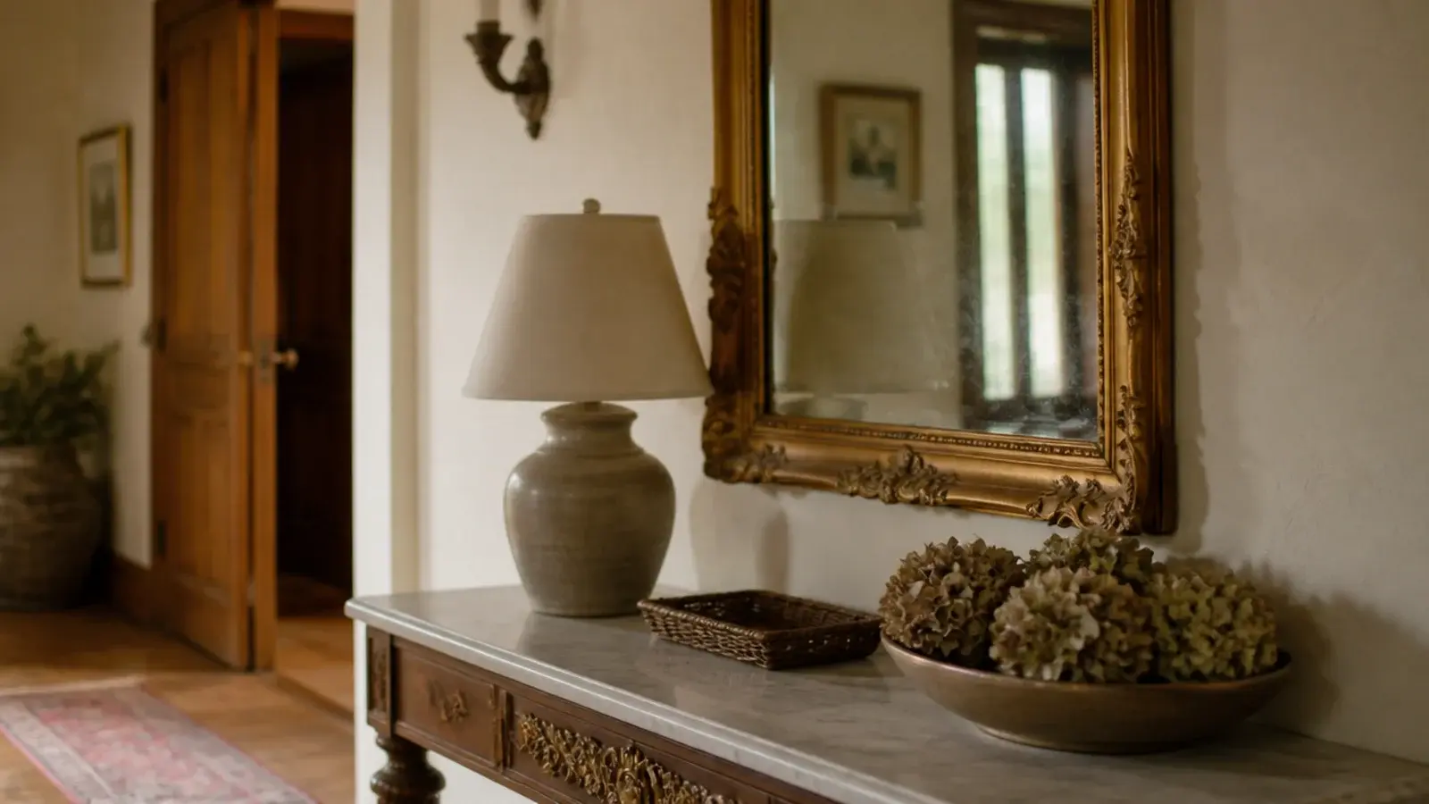 antique gilt mirror hung above a marble topped console in an entry