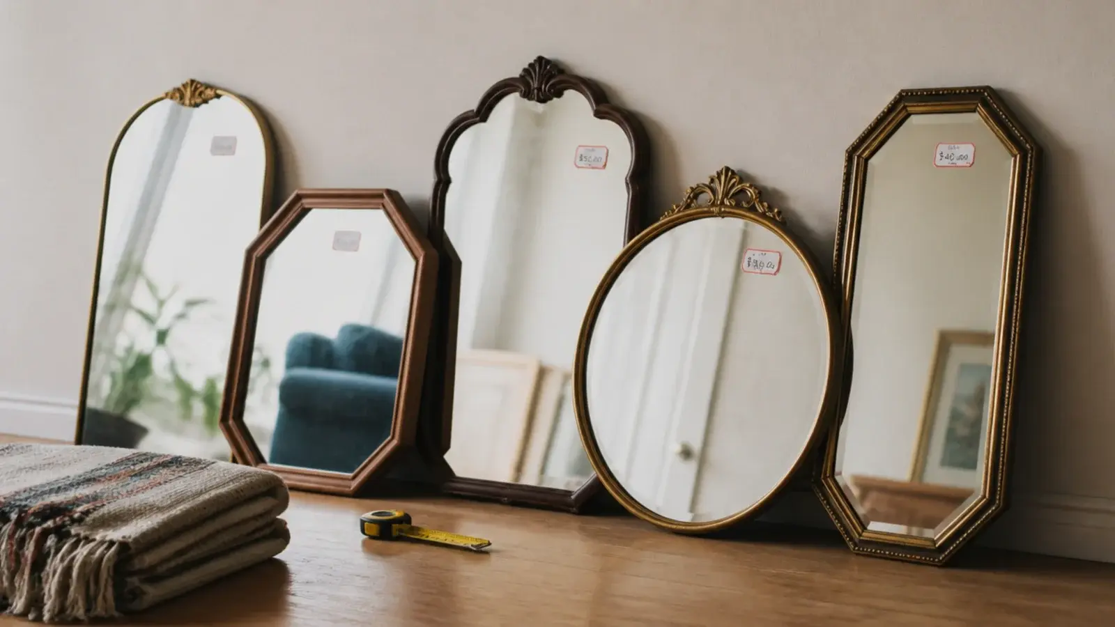 stack of thrifted vintage mirrors leaning against a wall awaiting sorting