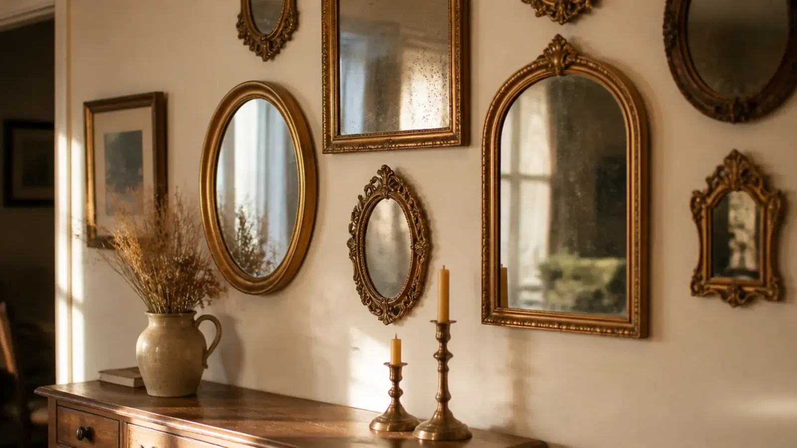 vintage mirror wall arrangement with gilt frames and foxed glass on plaster