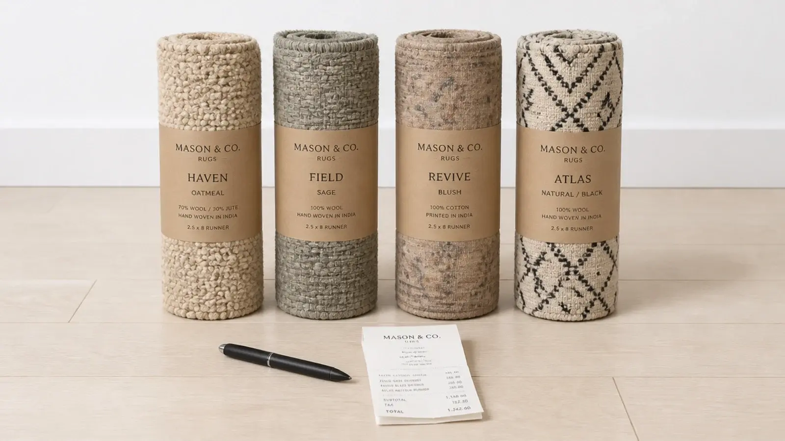 price tags and fibre labels compared across four rolled rug samples