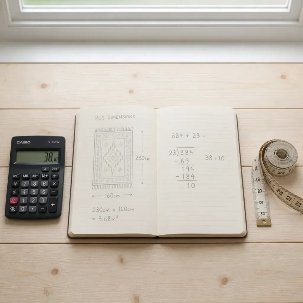 notebook showing rug dimensions divided into a square foot cost