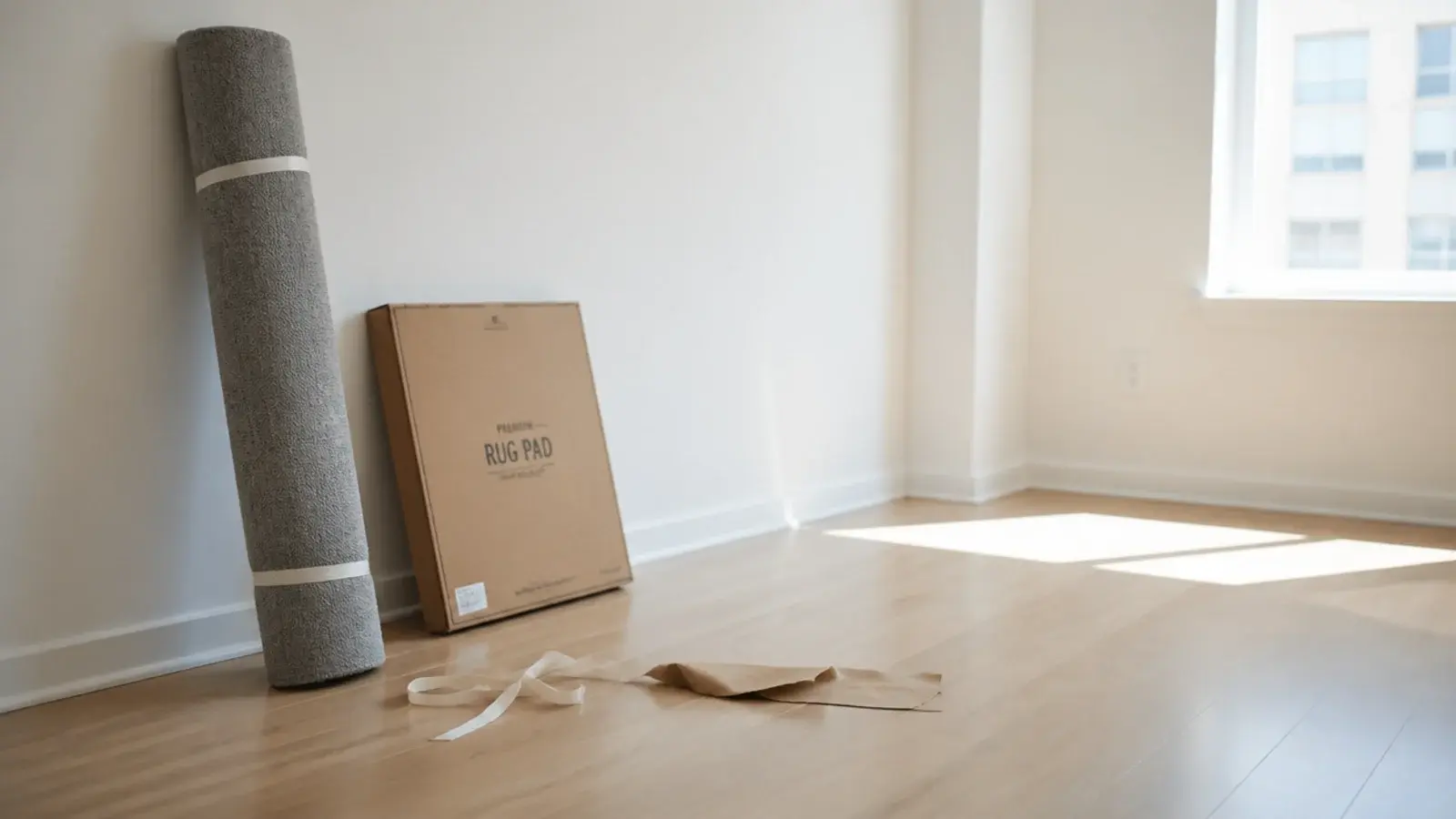 rolled budget rug and boxed pad stacked together in a bare room