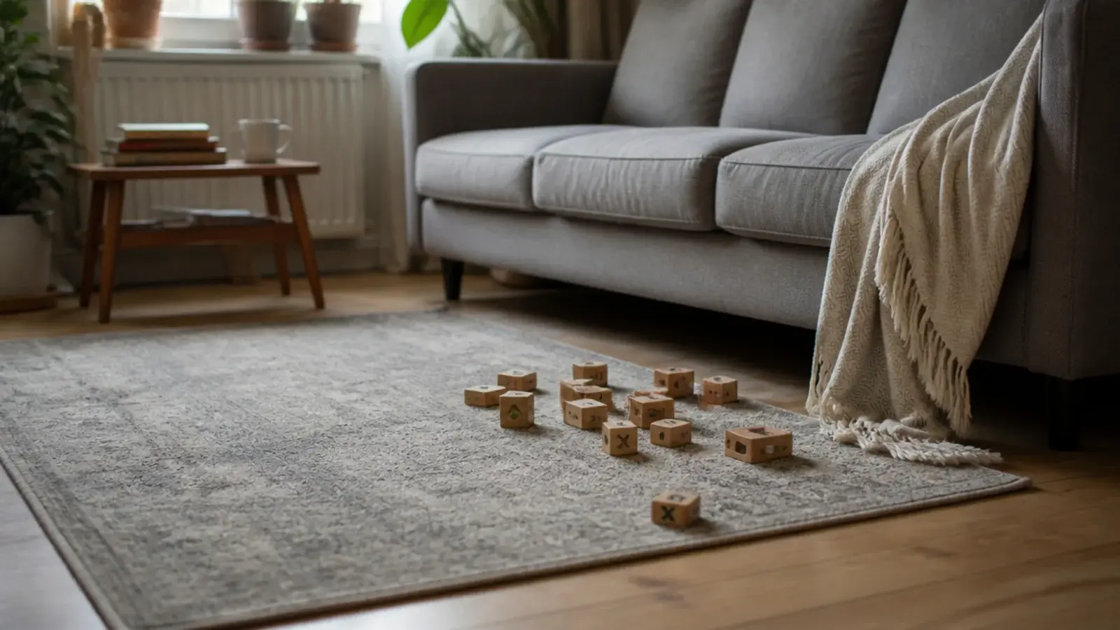flat polypropylene rug in a busy rental sitting room with toys