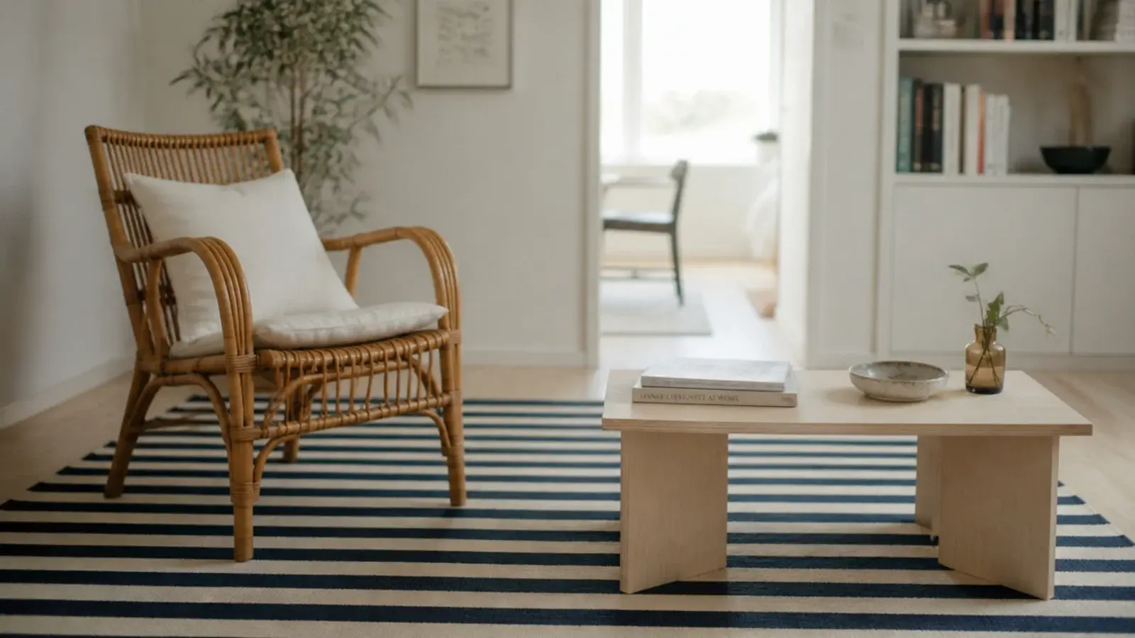 striped cotton flatweave rug lying loose across light wooden boards