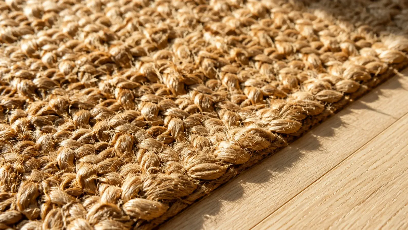 chunky jute weave photographed close against a light wooden floor