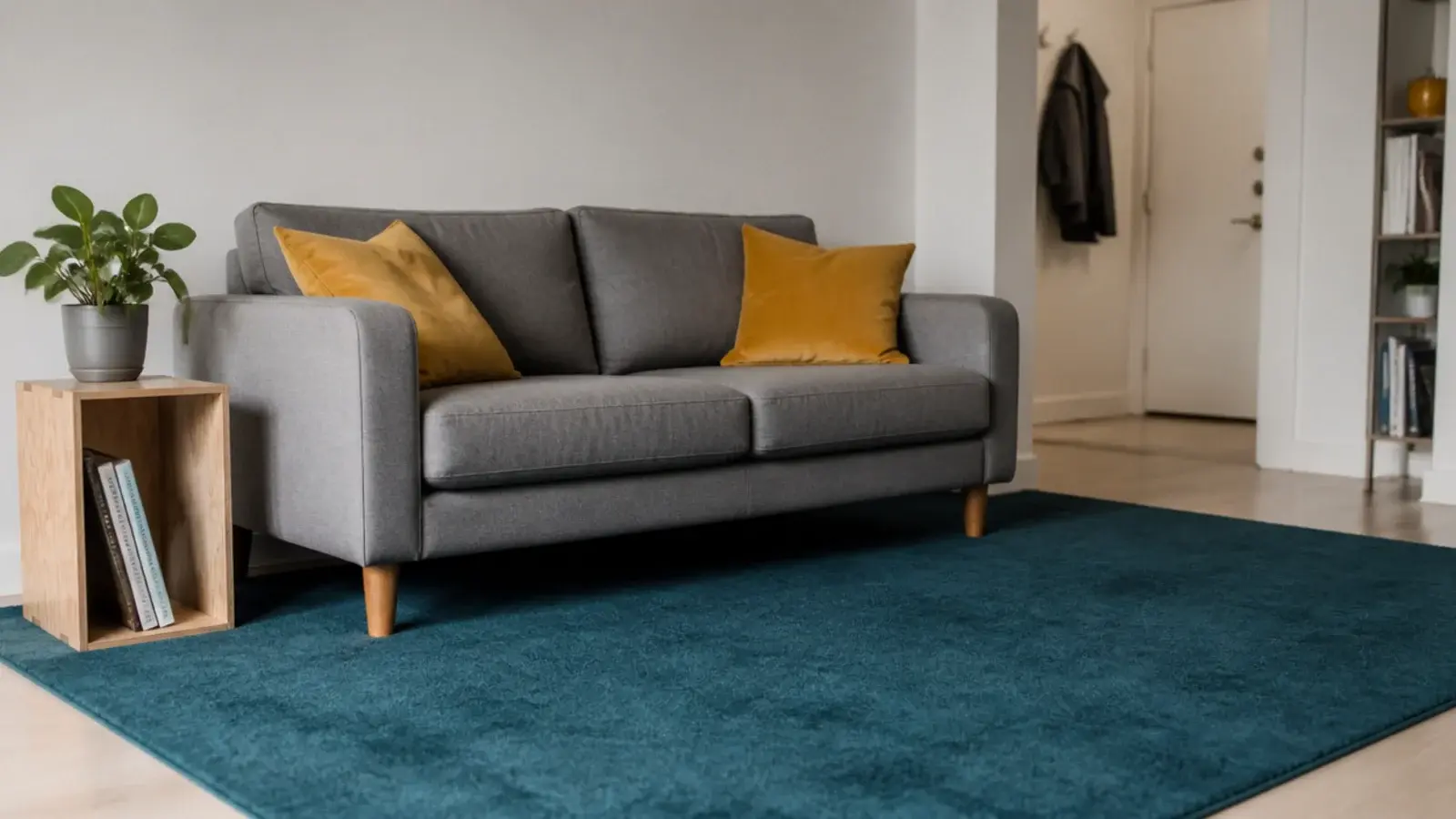 deep teal polyester rug bringing colour into a plain rental room
