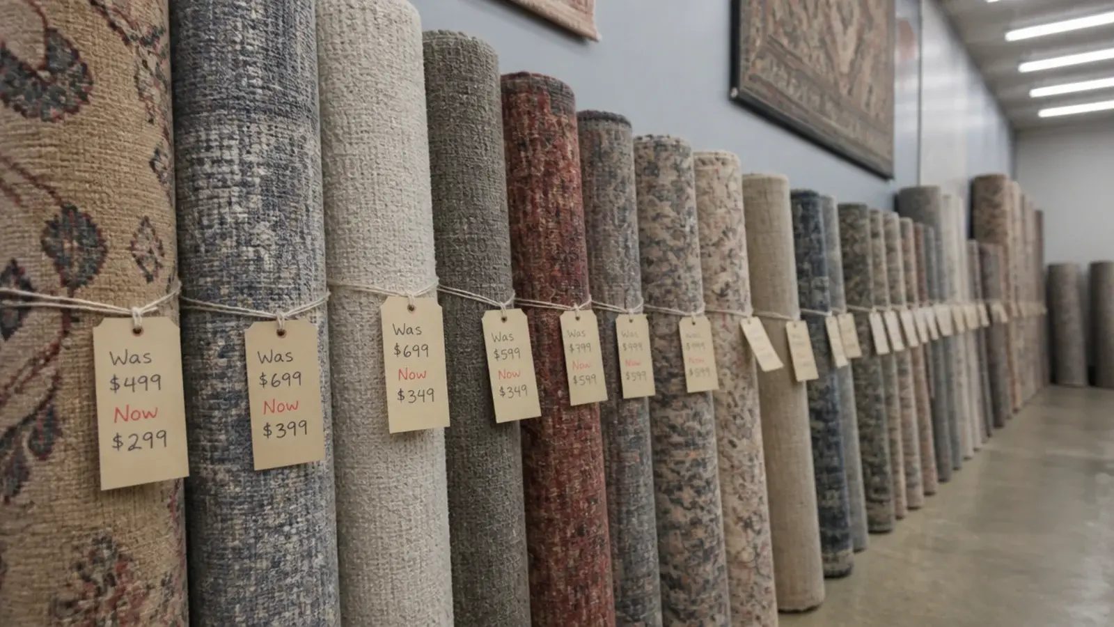 clearance rug rolls stacked with discount tickets in a showroom
