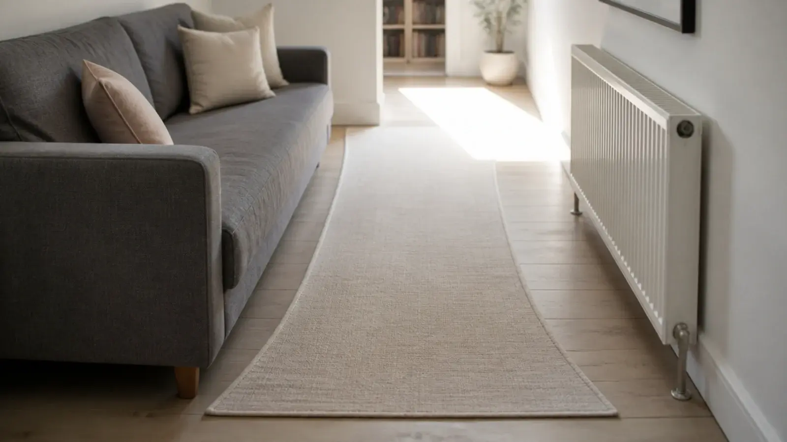 unusual seven by ten rug filling an awkward narrow living space
