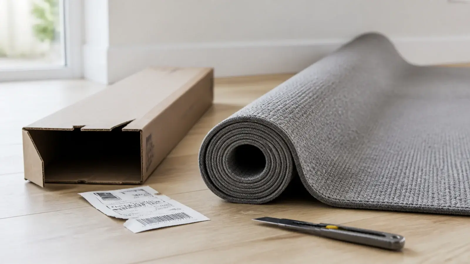 returned rug unrolled with its original packaging cut open nearby