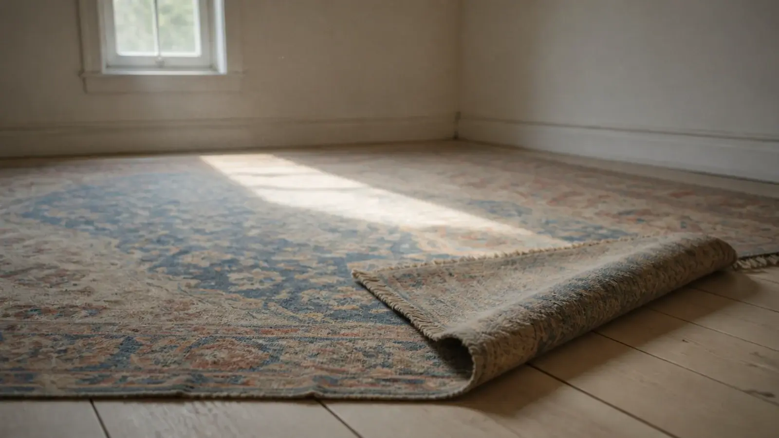 worn secondhand hand knotted rug spread out for inspection indoors