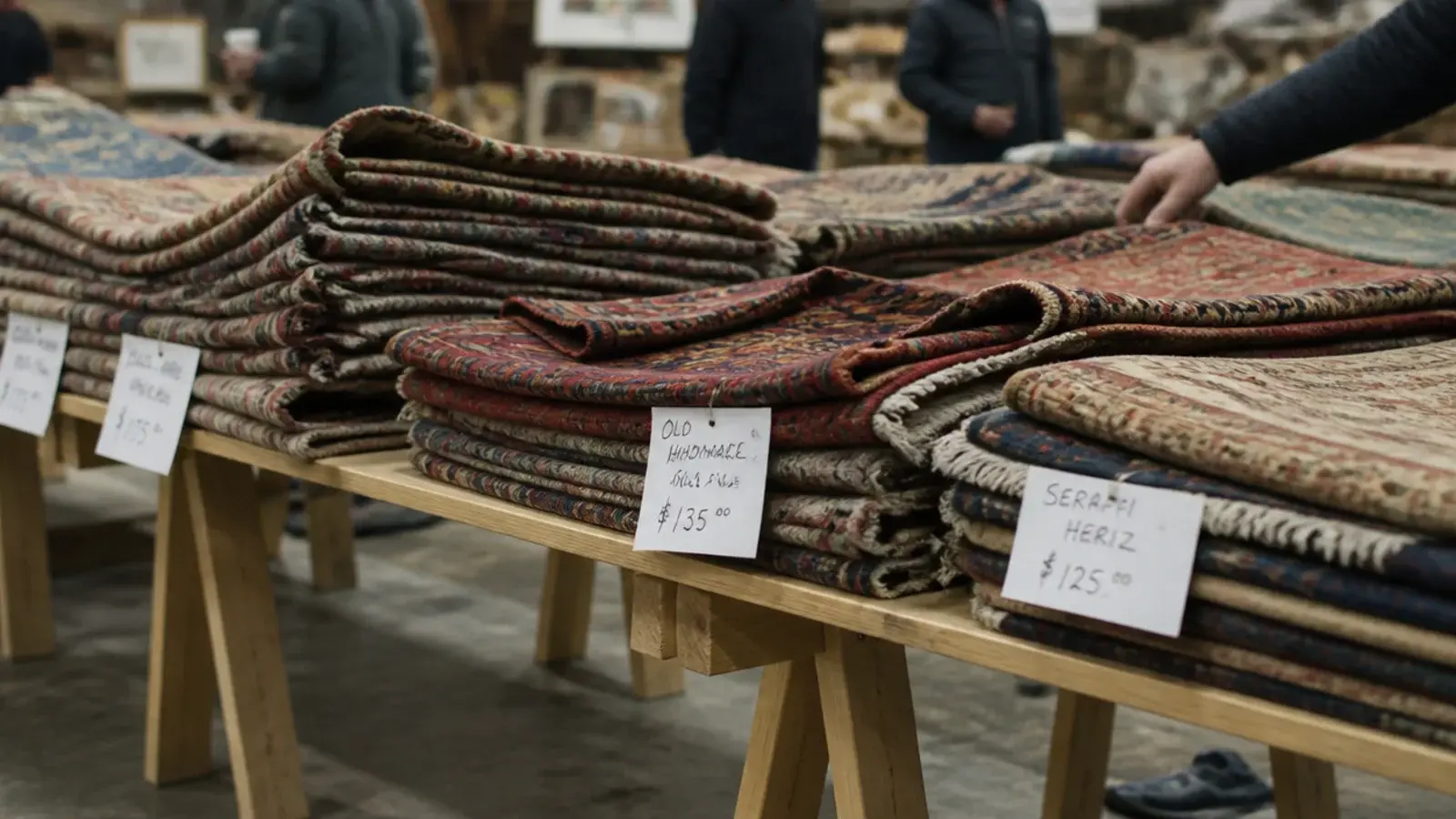 stack of folded secondhand rugs on trestle tables at a sale