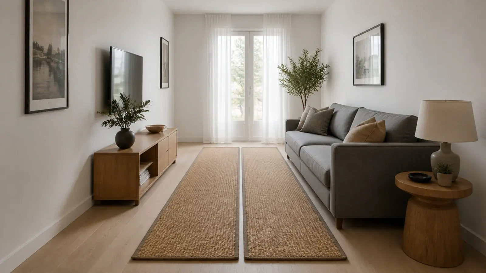 pair of matching runners laid parallel to cover a slim floor area