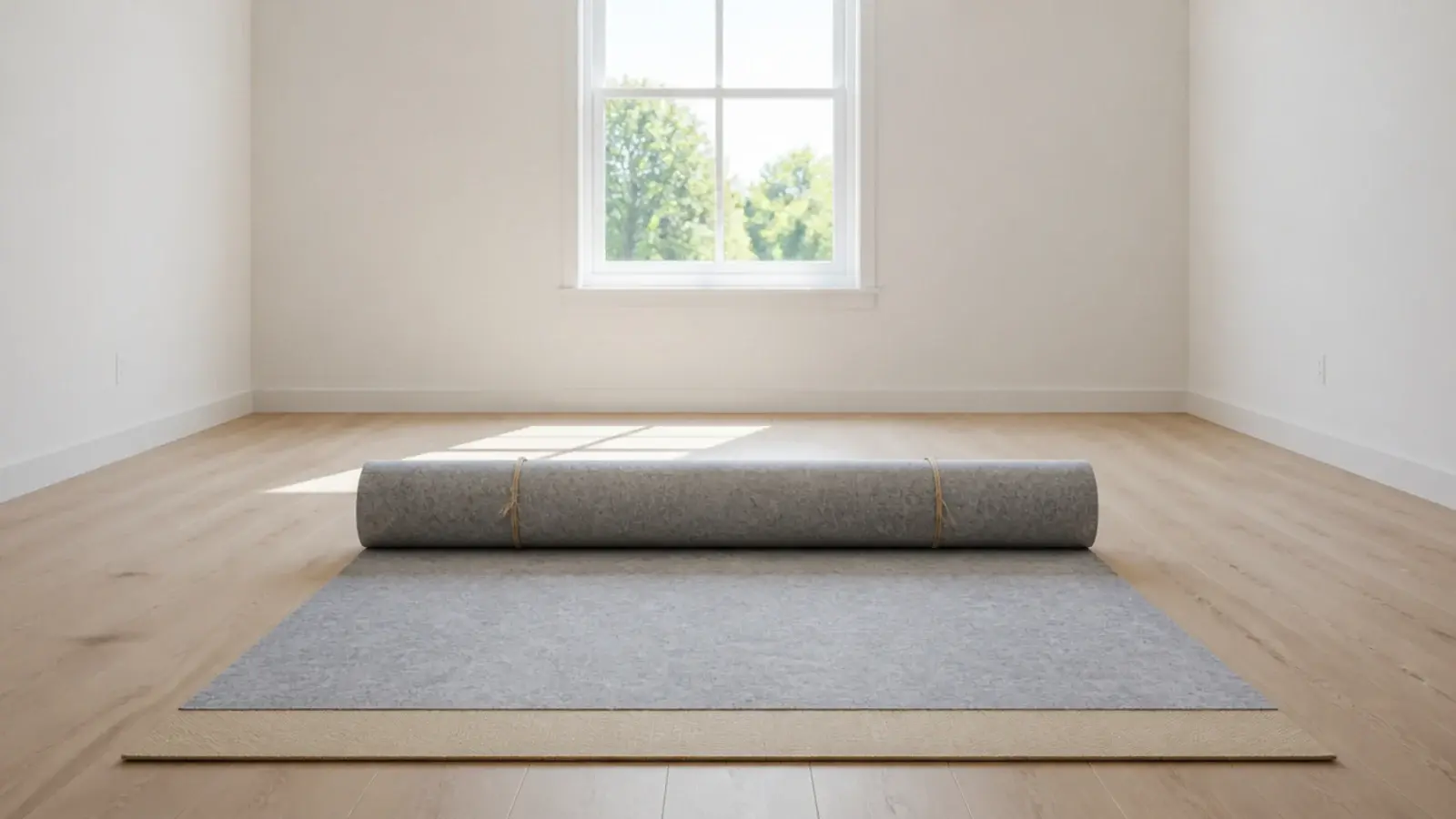 felt and rubber pad half unrolled across bare light wooden boards