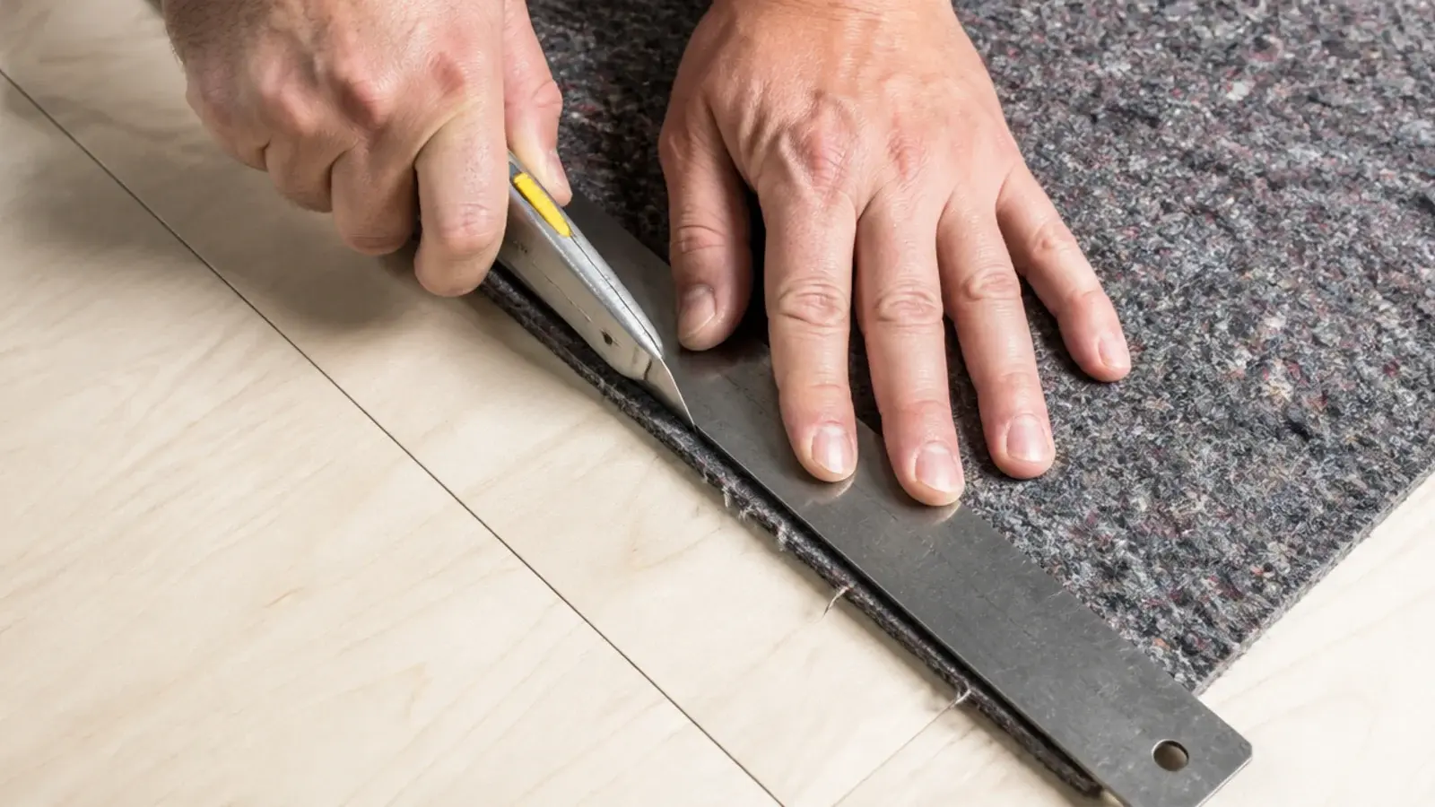 rug pad being trimmed to size with a knife and steel straightedge
