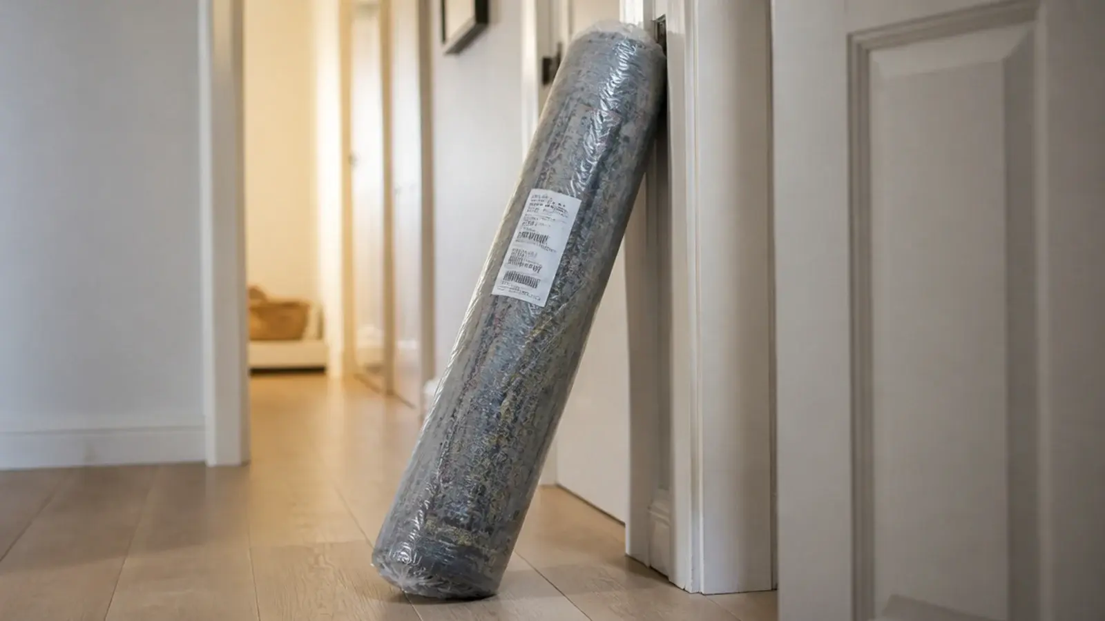 heavy rolled rug propped by a doorway still in shipping wrap
