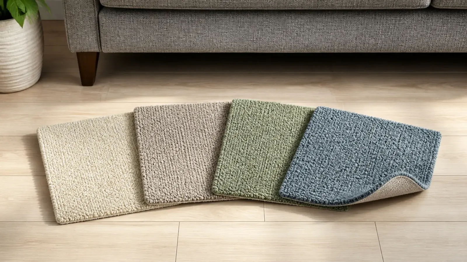 four small rug swatches fanned across a light wooden living room floor