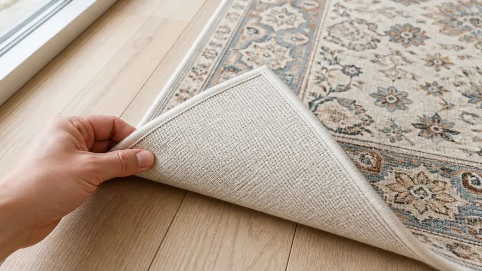 rug corner folded to show white backing beneath a printed pattern