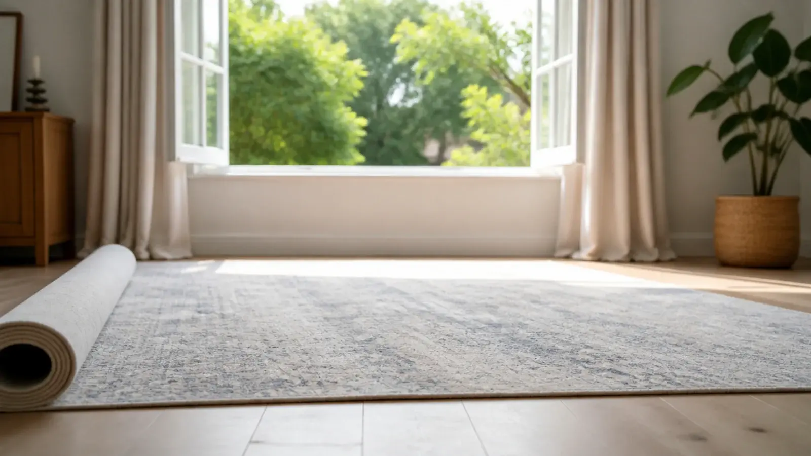 new rug unrolled by an open window with curtains drawn back