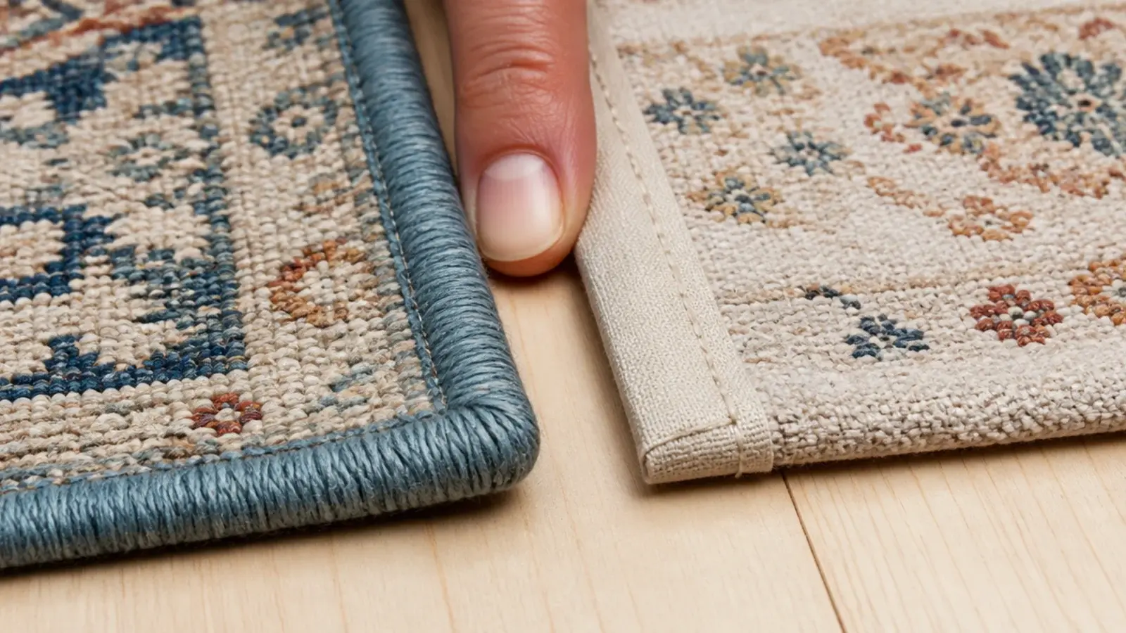two rug edges compared showing serged yarn and stitched tape binding