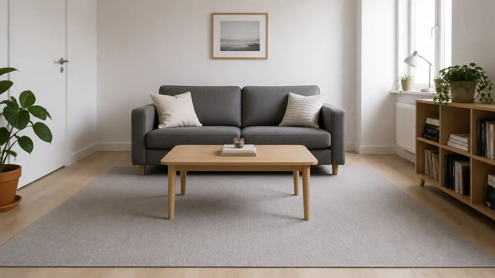 large inexpensive rug filling a room properly beside a small sofa