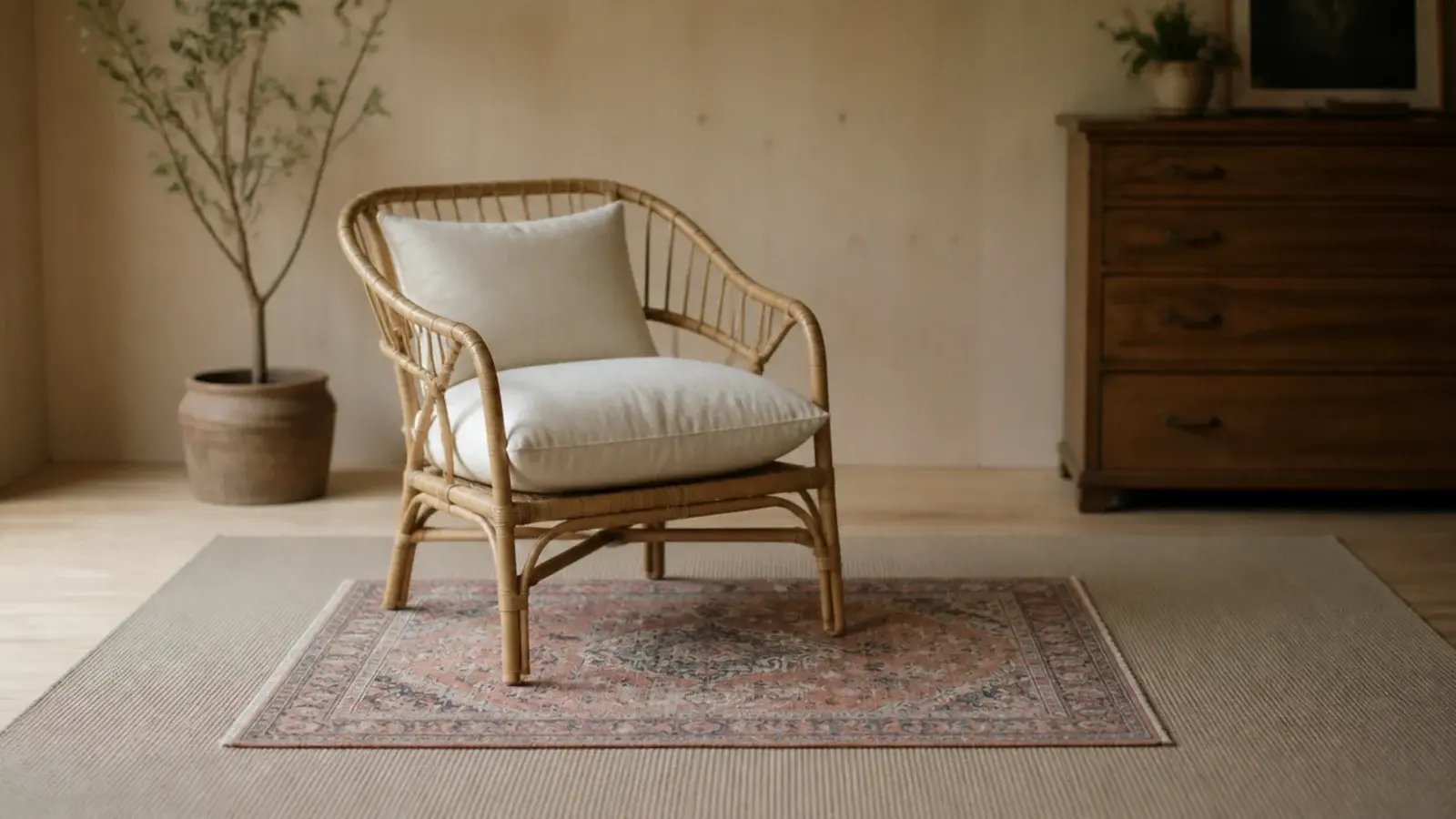 small vintage rug centred on a wide inexpensive neutral base rug