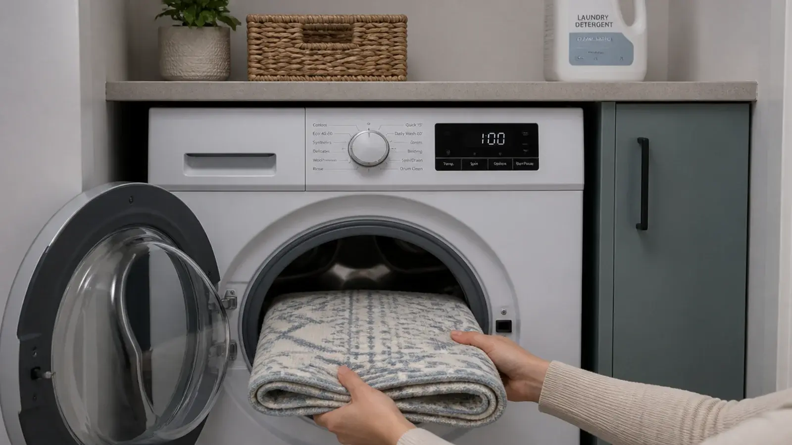 small washable rug being loaded into a front loading machine