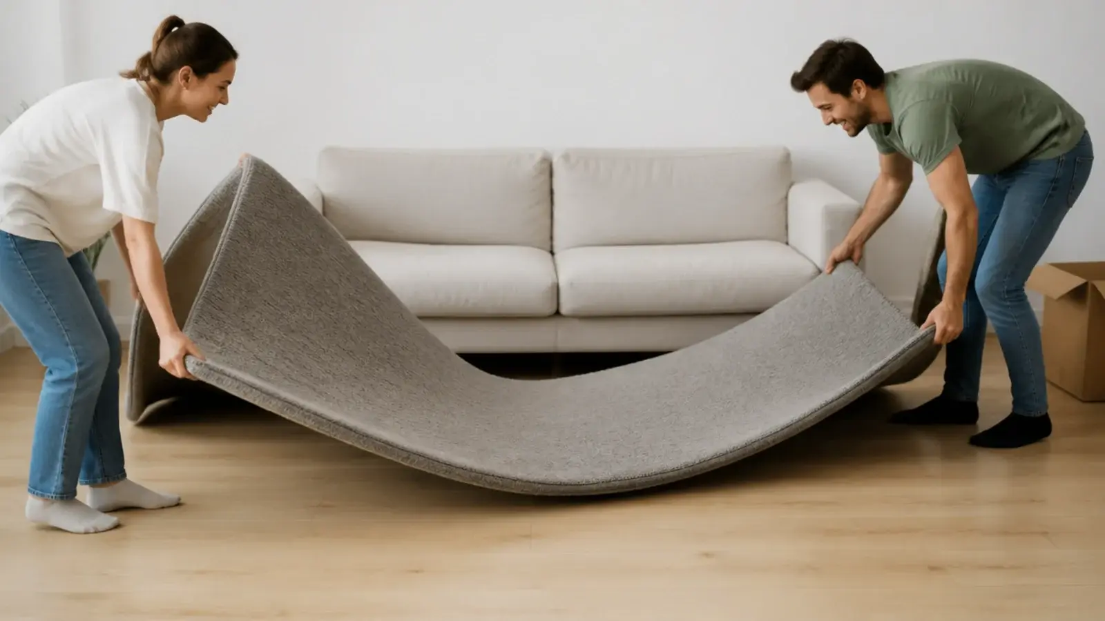 budget rug being turned half a rotation across a light floor