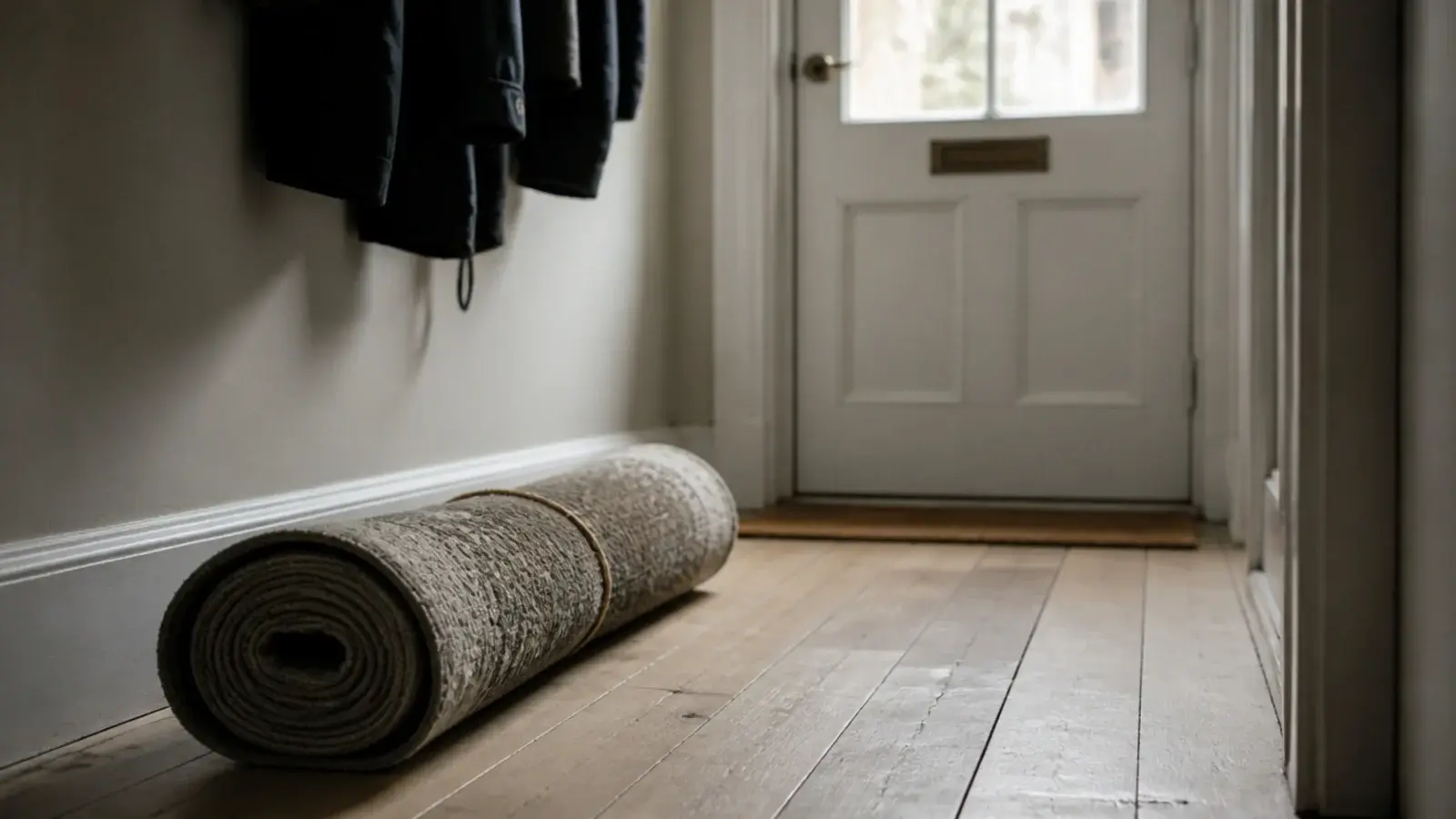 worn out synthetic rug rolled for disposal by a front door