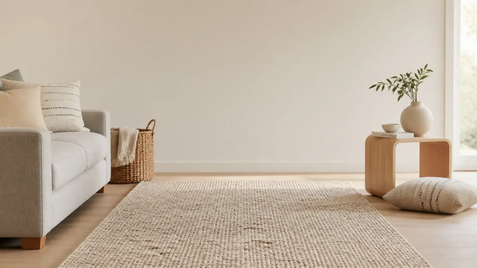 tall view of affordable area rugs in a living room over light boards