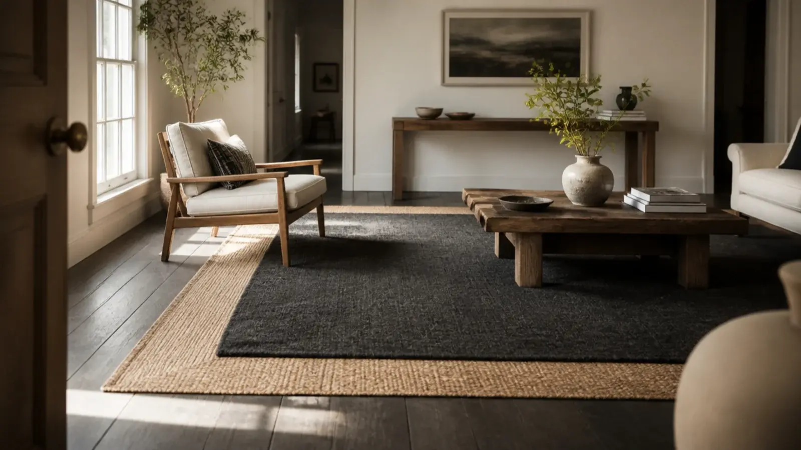 dark rug separated from dark boards by a visible lighter margin