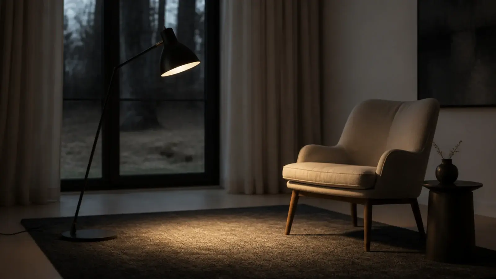 floor lamp angled downward to put light onto a dark rug surface