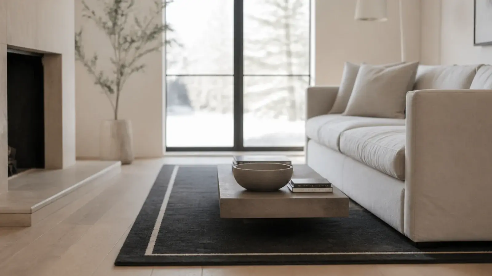 narrow ivory border framing a deep charcoal rug in a bright room