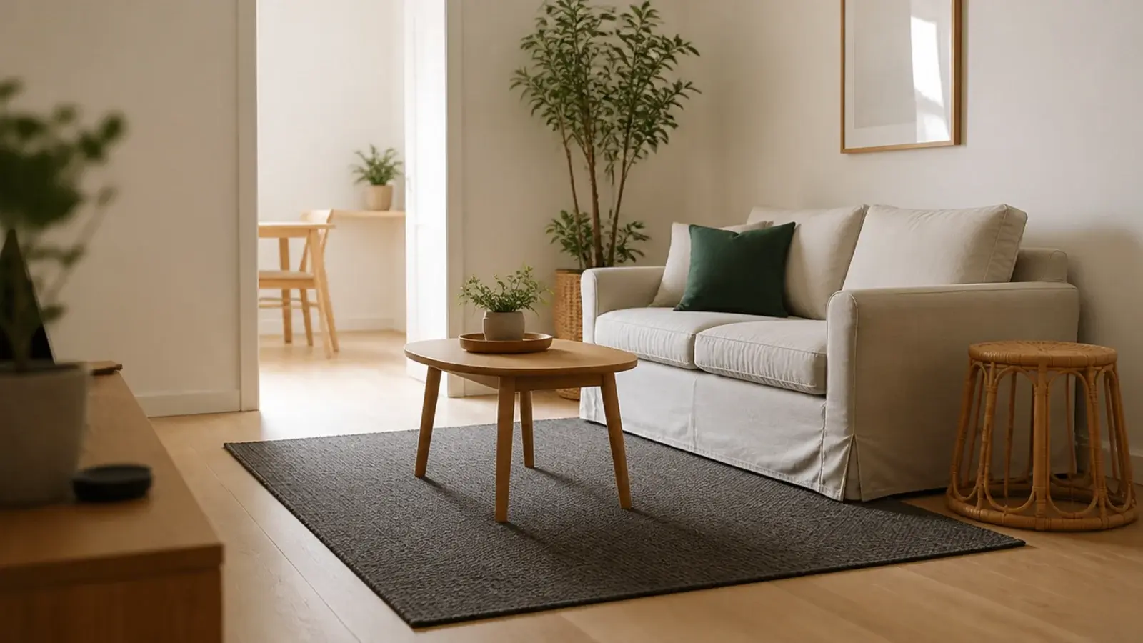 compact room where a dark rug sits within generous pale margins