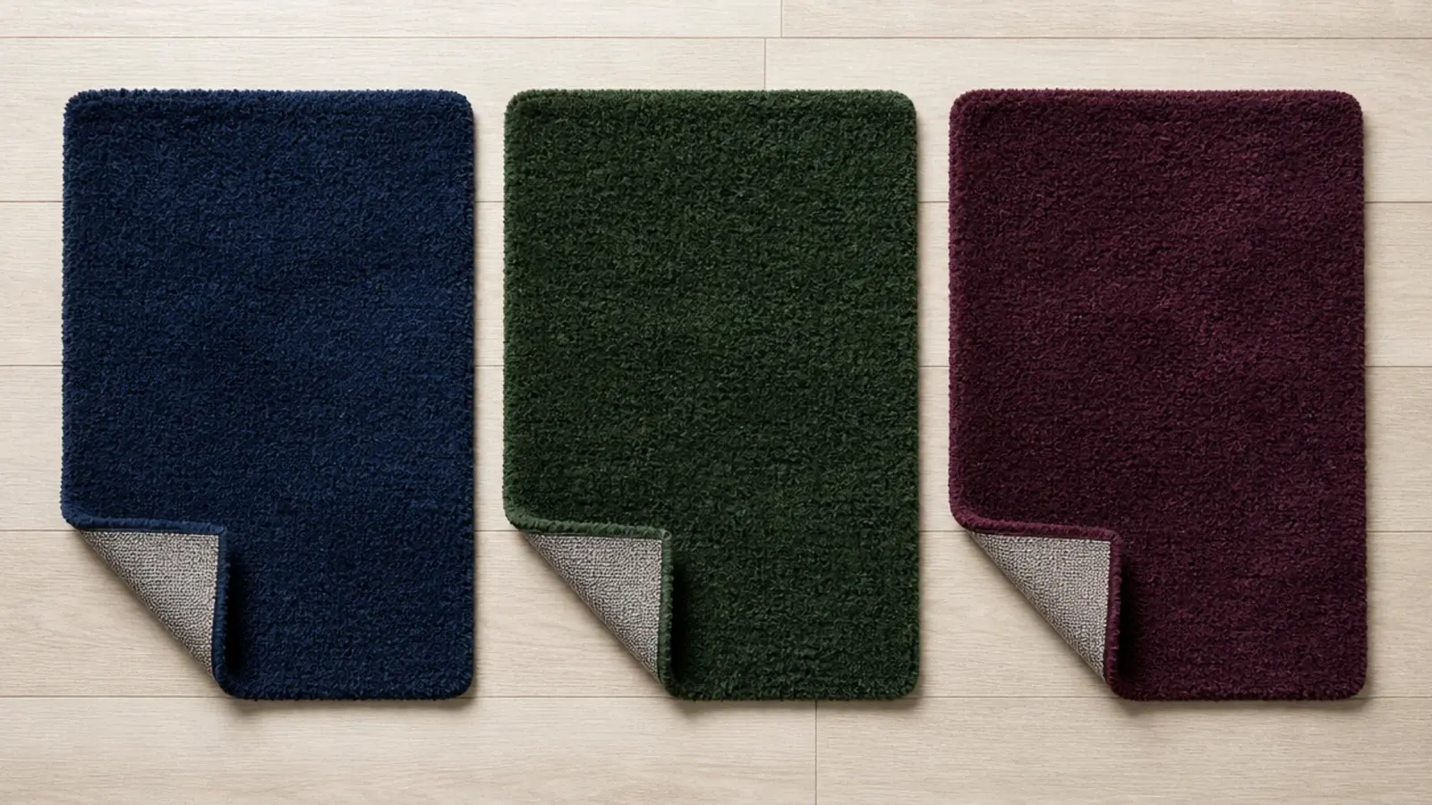 deep navy and forest green rug samples compared on pale boards