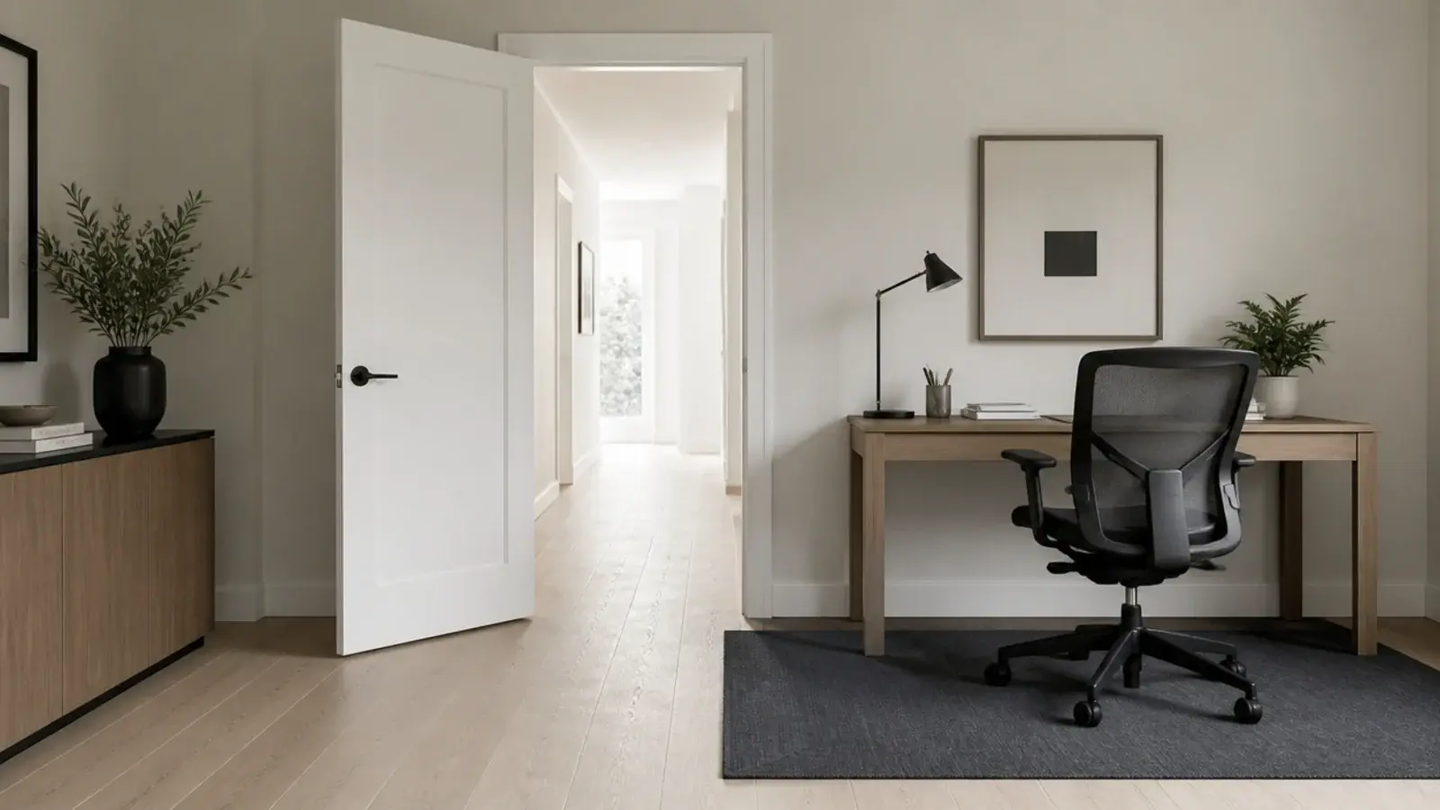 thin dark flatweave clearing a door and a rolling desk chair