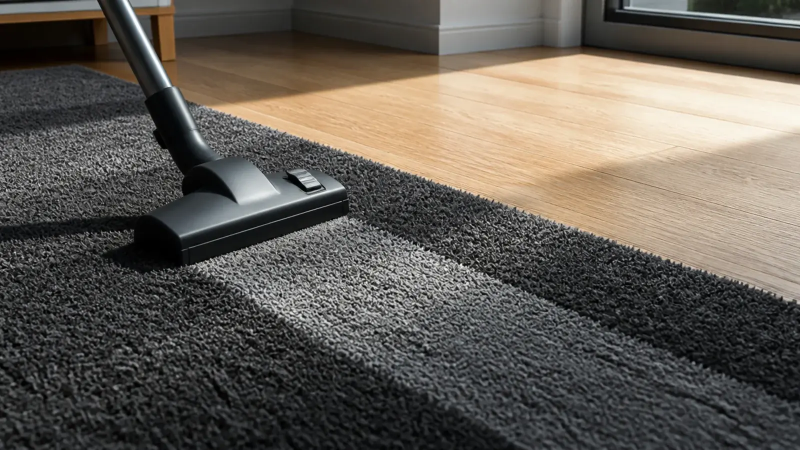 vacuum trail showing clearly across a dark pile rug surface