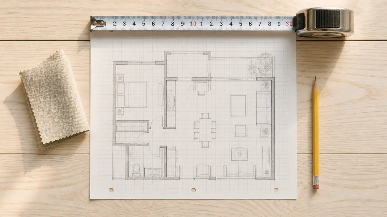floor plan sketch and tape measure spread across pale ash boards