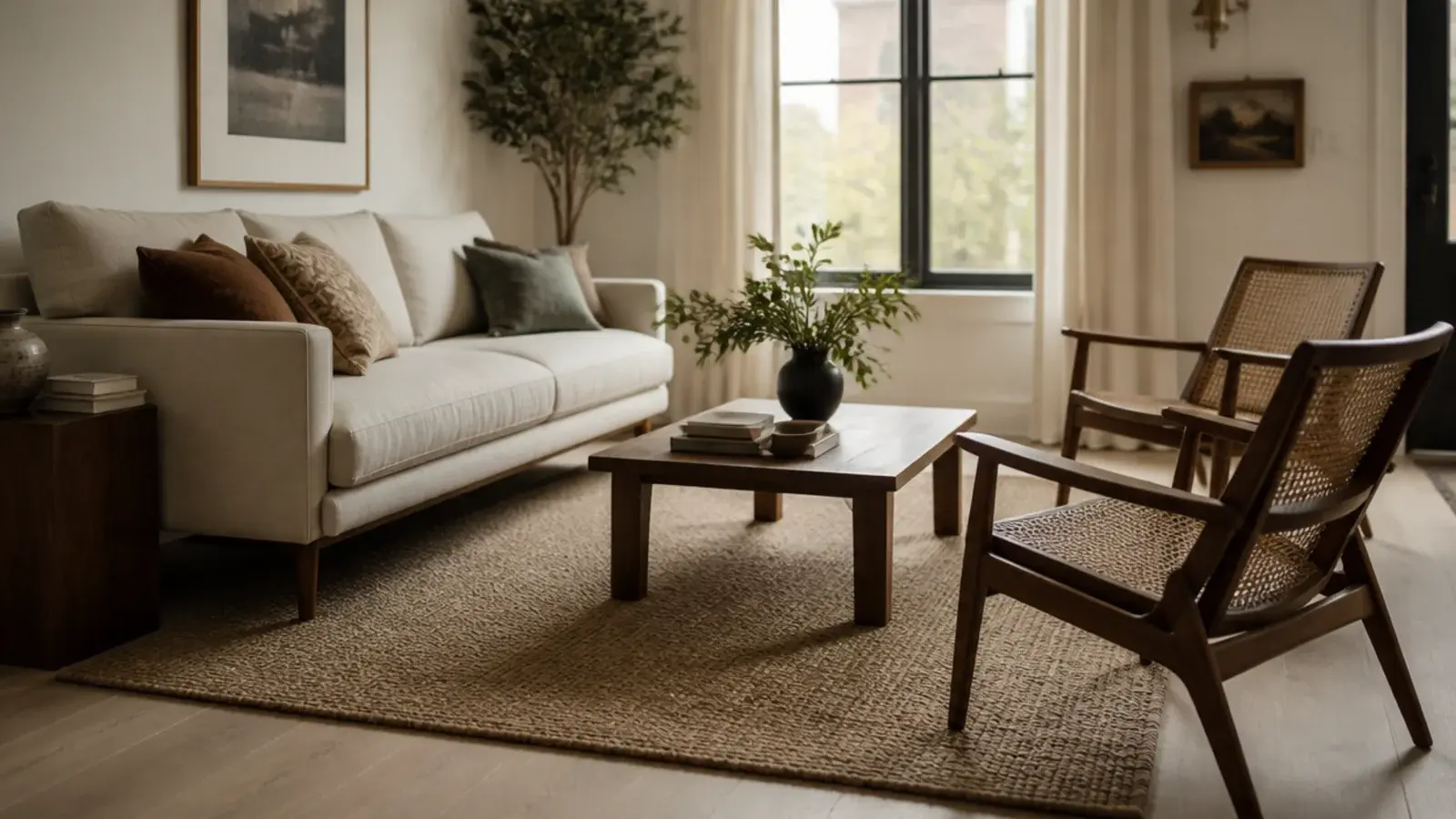 eight by ten rug fitted to a medium sized linen sofa arrangement