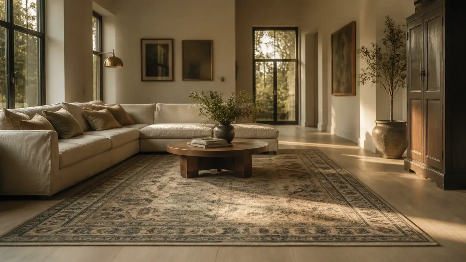 ten by fourteen rug spanning a large room with generous margins