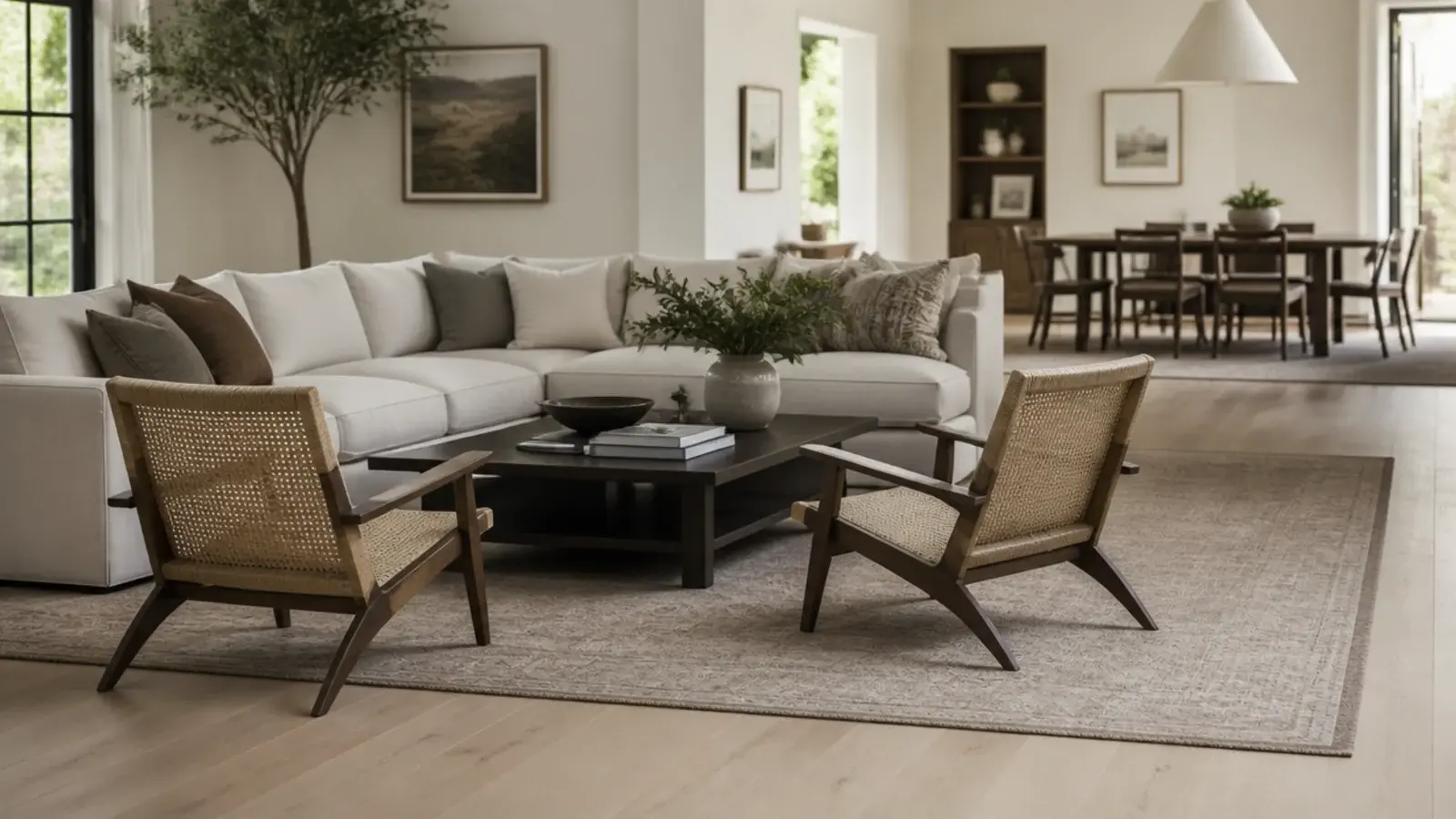 twelve by fifteen rug defining a seating zone in an open plan room