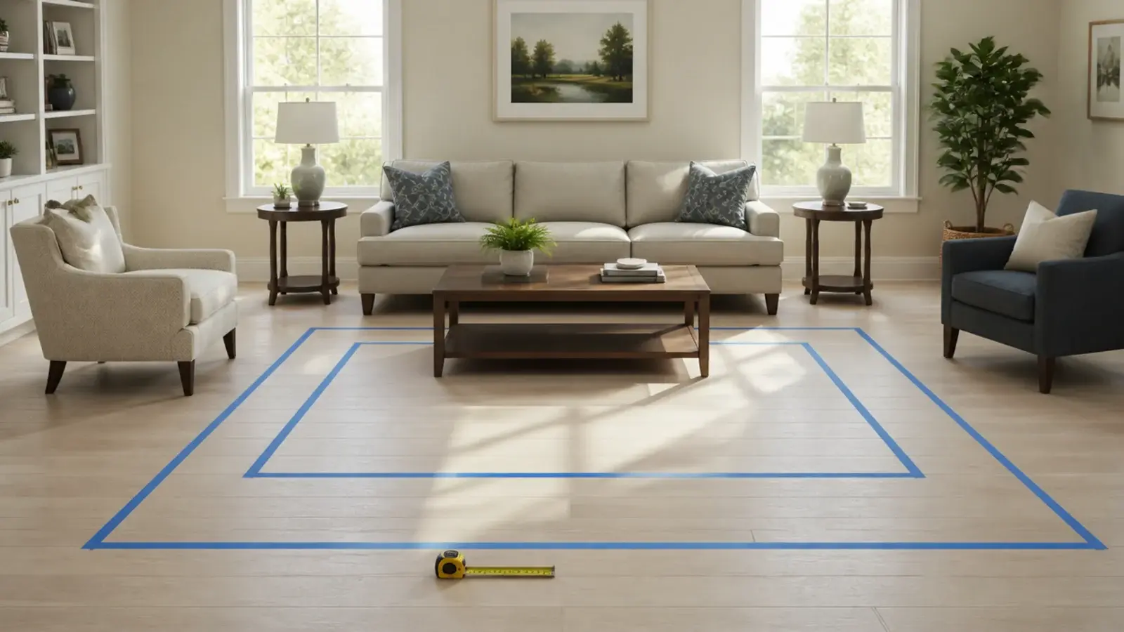 two rug outlines taped on a floor showing the size difference